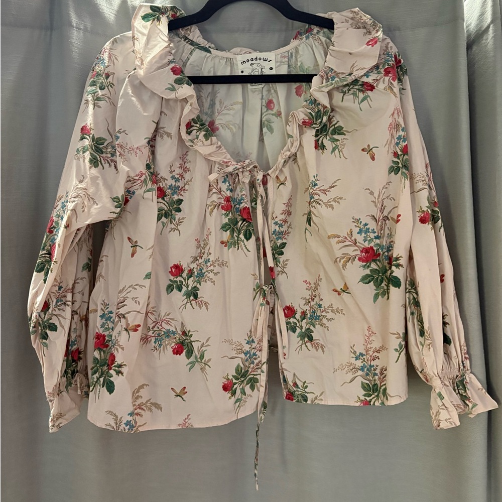 Floral Ruffle Tie Front Blouse - Cream